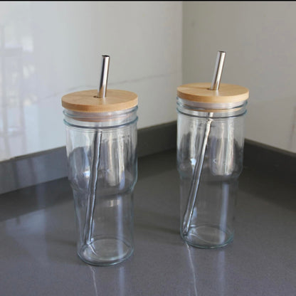 Glass Stripes Coffee Cup Glass Stripes 500ml with Straw & Wooden lid