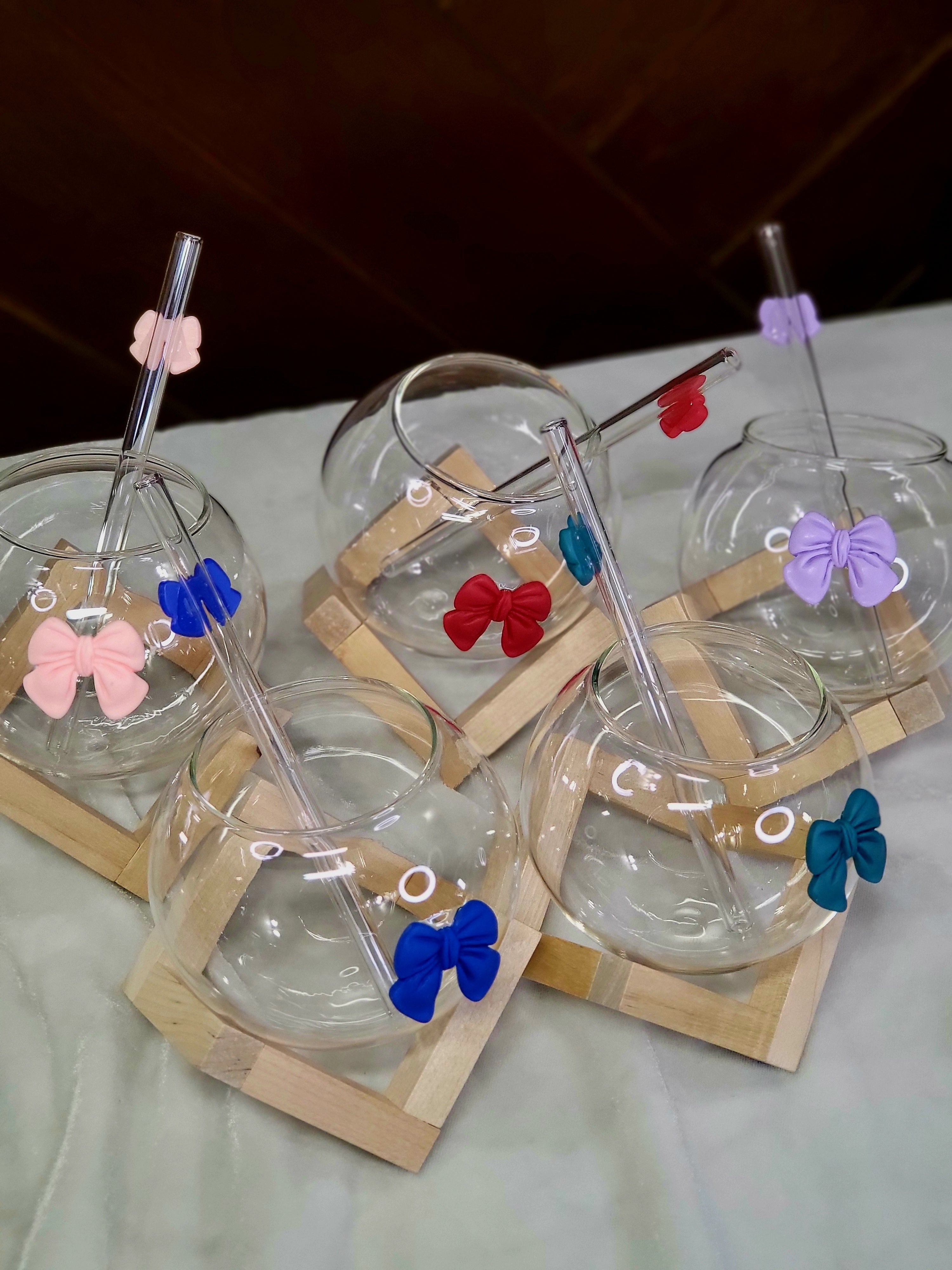 Round Glass Sipper with Bow - Includes Glass Straw and Wooden Stand.