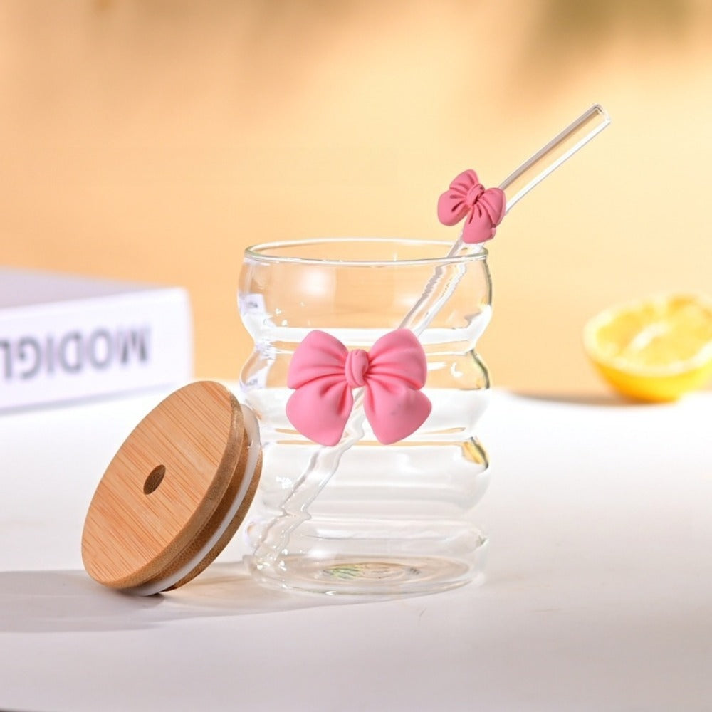 Bubble_Bow Glass Sippers With Bamboo Lids & Bow Straw| 350ml