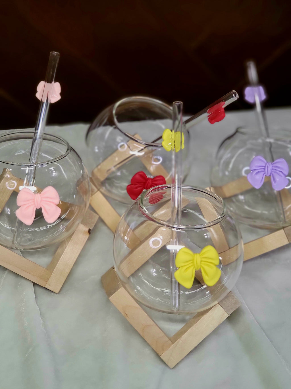Round Glass Sipper with Bow - Includes Glass Straw and Wooden Stand.
