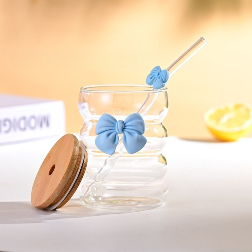 Bubble_Bow Glass Sippers With Bamboo Lids & Bow Straw| 350ml