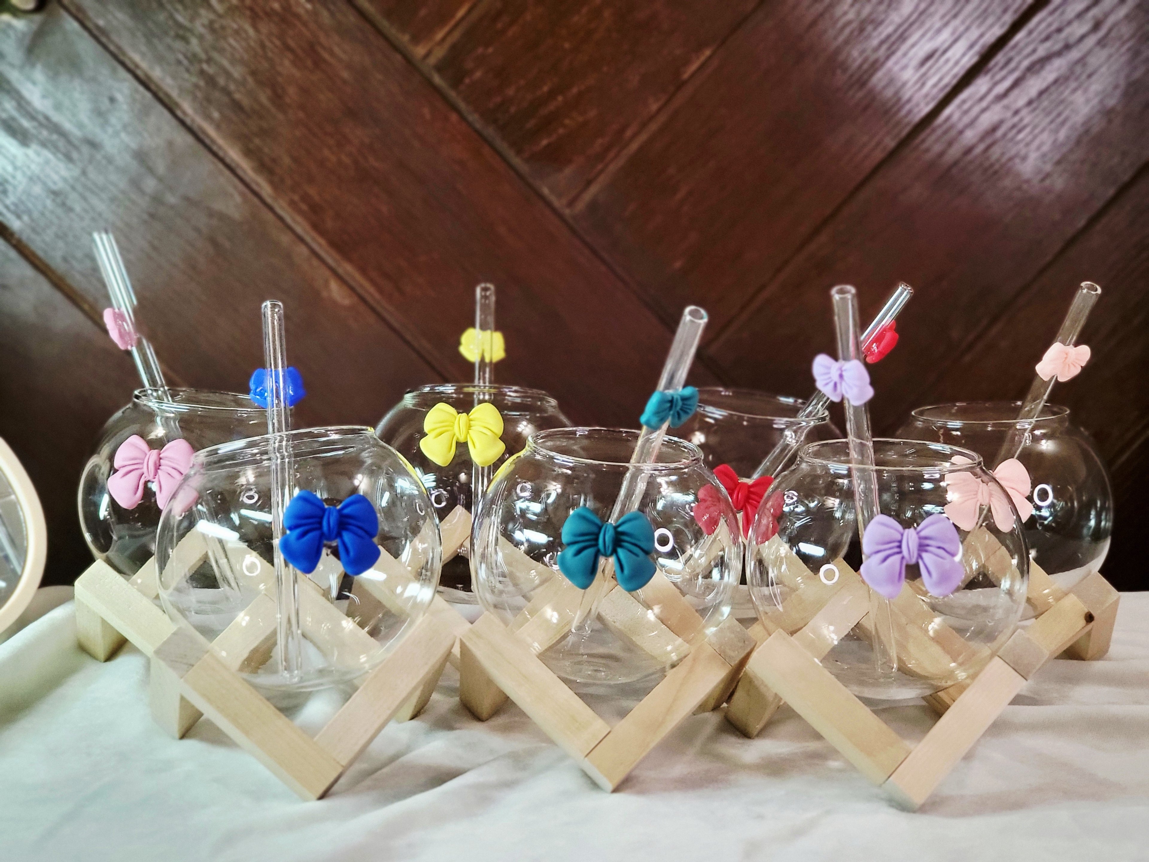 Round Glass Sipper with Bow - Includes Glass Straw and Wooden Stand.