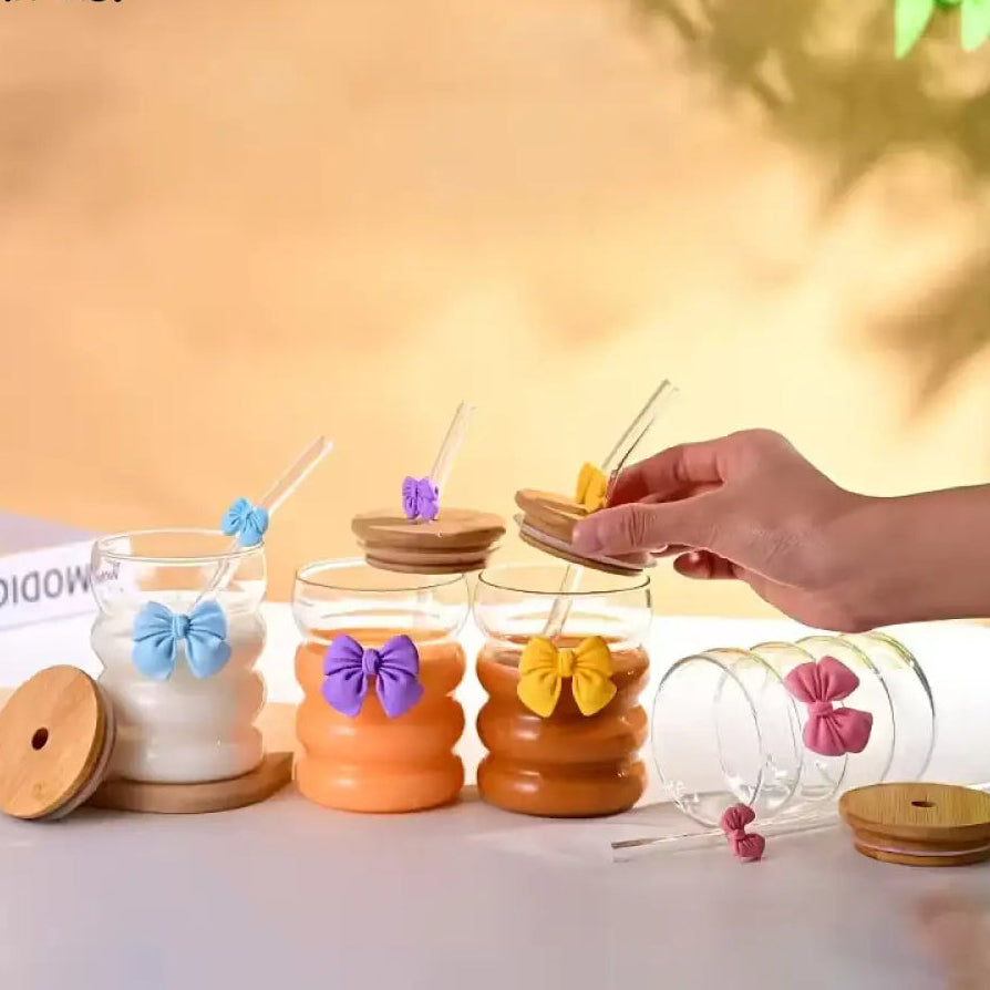 Bubble_Bow Glass Sippers With Bamboo Lids & Bow Straw| 350ml